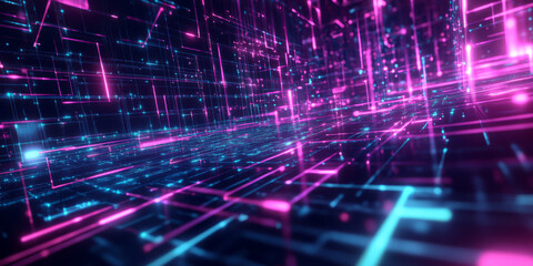 Obraz premium A high-tech abstract background featuring a luminous digital mesh of intersecting neon circuits, dynamically shifting in a seamless futuristic sequence. The glowing reflections and cybernetic patterns