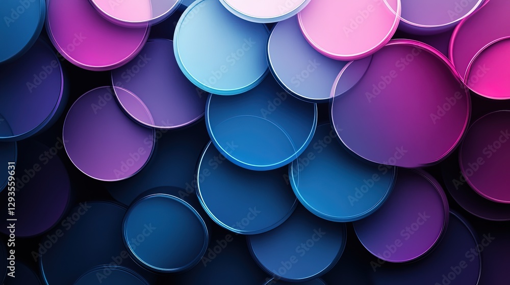 Poster interlocking circular shapes with a gradient of blue and purple, abstract digital art style