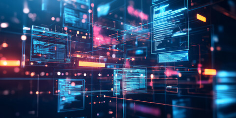 A futuristic abstract background featuring floating digital screens, softly illuminated with shifting holographic displays. The seamless layering of translucent elements and neon highlights creates an