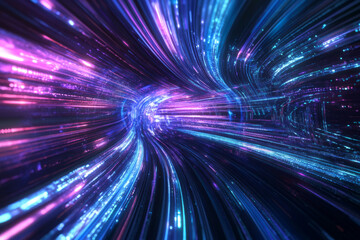 Obraz premium A mesmerizing visualization of quantum energy fields, forming intricate patterns of glowing cybernetic light trails. The futuristic high-tech background represents AI-driven processing, deep-space