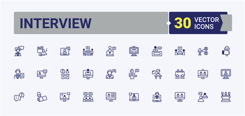 Set of Interview line icons. Contains linear outline icons like employment, recruit, resource, recruitment, manager, leader and more. Simple icon designs. Editable stroke, solid icon collections.