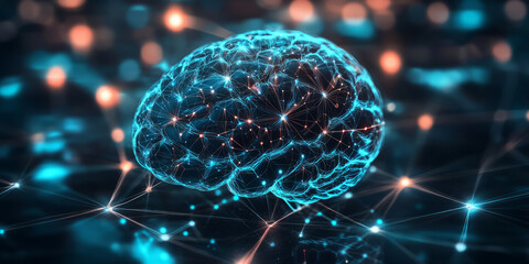 A glowing futuristic digital brain, displaying AI-driven holographic neural networks, cybernetic deep learning pathways, and pulsating quantum intelligence cores. The high-tech abstract background
