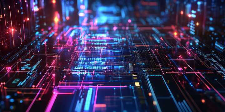 A futuristic AI-powered ultra-fast computing network, featuring glowing cybernetic quantum data processing pathways, pulsating holographic real-time algorithm execution grids, and swirling