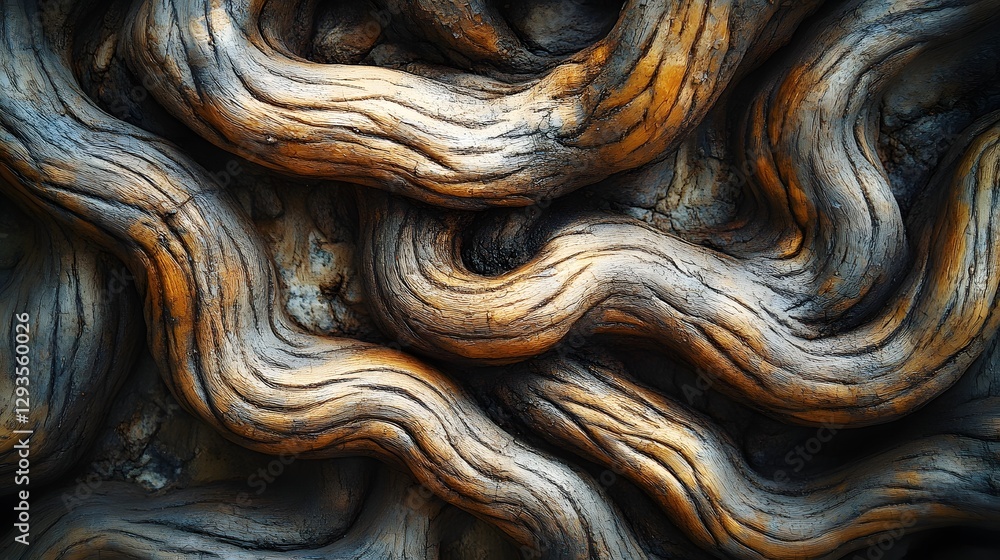 Poster Close-up view of intricate wood texture, showcasing the captivating curves and color variations of a tree's roots or branches. Intricate Wood Texture: A Study in Natural Curves and Hues