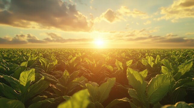 Close-up of vast, dark green leaves basked in the golden glow of sunset, their edges glowing warmly with the day's last light
