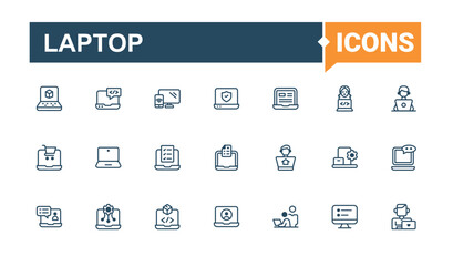 Laptop minimal icon set. Featuring simple, smart, art, desktop, keyboard, silhouette and more. Outline icon. Solid line editable vector illustration.