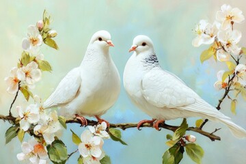 Fototapeta premium two white doves in love sitting on a blooming sakura branch, generative AI