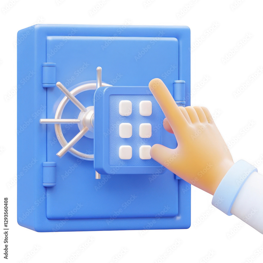 Poster a blue safe with a keypad, featuring a hand pressing a button, emphasizing security and access.
