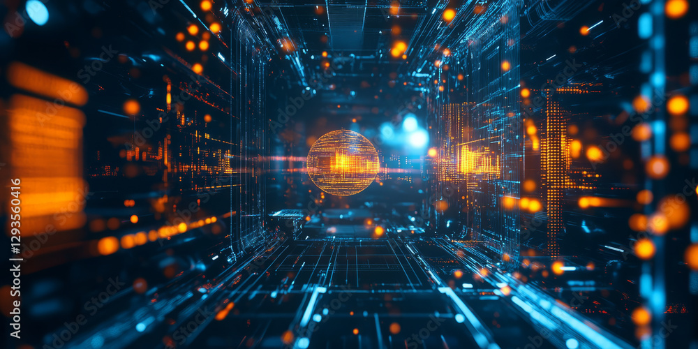 Poster a mesmerizing futuristic ai-driven digital twin technology, displaying glowing cybernetic real-time 