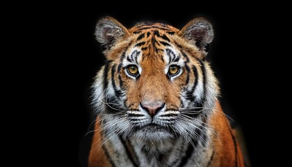Naklejka premium Majestic Sumatran Tiger in Striking Isolation, Powerful Eyes Glowing Against a Black Backdrop, Showcasing the Beauty and Mystique of Endangered Species