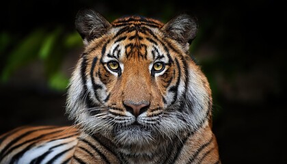Front view of Sumatran Tiger, Majestic Stripes Illuminating Dense Jungle at Sunset, Capturing the Wild Beauty and Power in Sumatras Tropical Landscape
