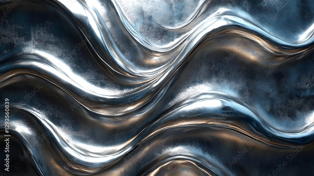 Poster Abstract image of undulating metallic waves. Chrome and steel tones create a sleek and modern aesthetic. Abstract Liquid Metal Waves: A Study in Chrome and Steel