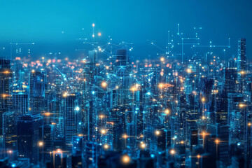 Obraz premium A futuristic cityscape composed entirely of glowing data streams, floating holographic structures, and interconnected neon cyber pathways. The advanced technology background represents AI-driven