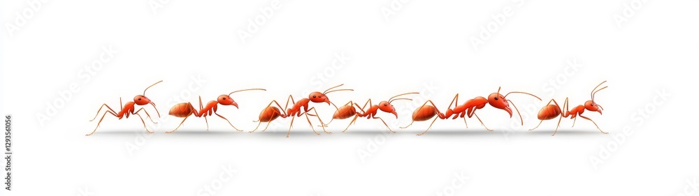 Poster line of red ants marching in a straight line on white background