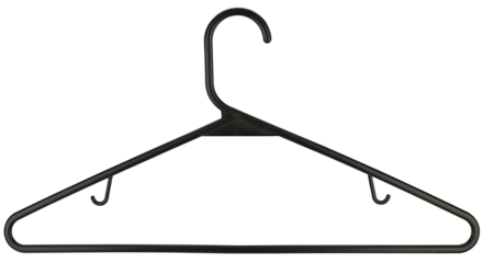 Black plastic hanger for clothes isolated on a transparent background. Completely in focus. Focus stacking.