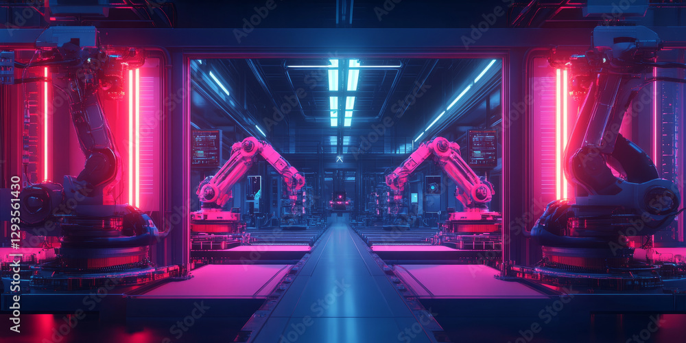 Poster a futuristic ai-powered industrial automation hub, featuring glowing cybernetic robotic arms, pulsat