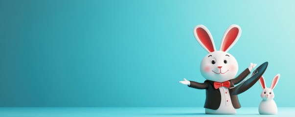 Charming cartoon magician pulls rabbit from hat in whimsical scene