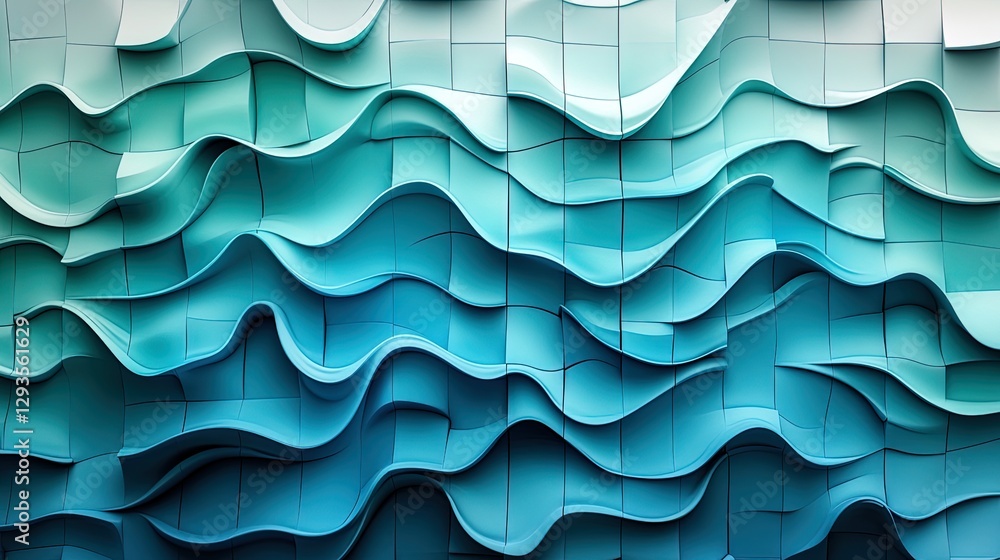 Poster dynamic 3d cubes in a gradient of blue and green tones, arranged in a flowing wave pattern