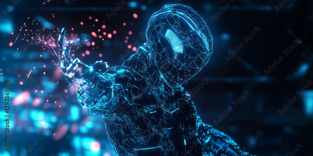 Poster a mesmerizing futuristic ai-driven exosuit technology, displaying glowing cybernetic human performan