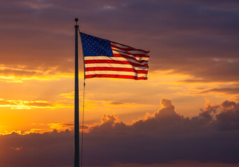 american flag at sunset