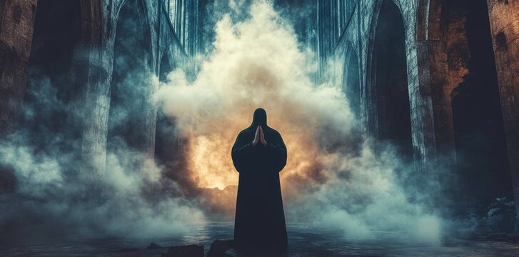 Medieval monk praying in a dark fantasy cathedral, mystical ruins and smoke in the background, gothic atmospheric scene