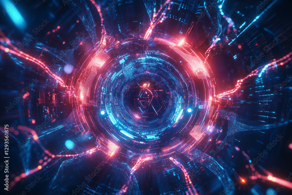 Poster a swirling mass of neon-lit cybernetic energy, forming an abstract futuristic ai-driven quantum comp