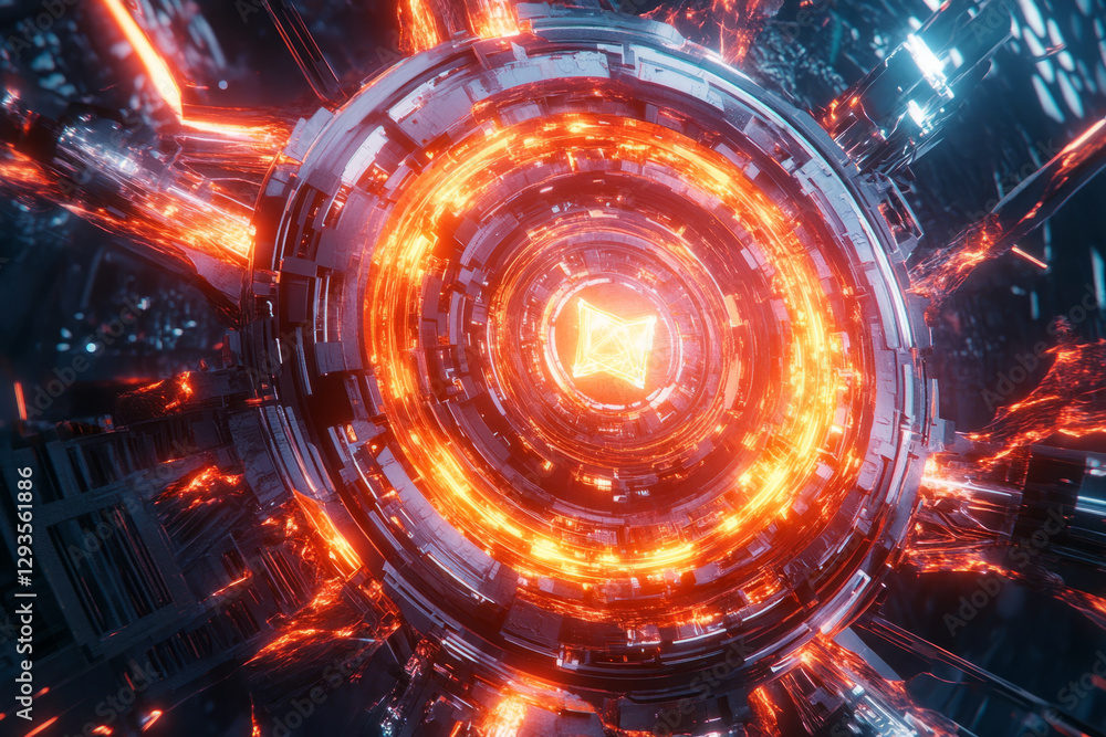 Poster a glowing cybernetic supercomputer, surrounded by swirling ai-powered energy trails, pulsating digit