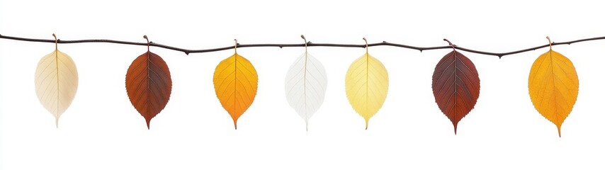 Obraz premium Colorful Autumn Leaves Hanging on a Line Against White Background