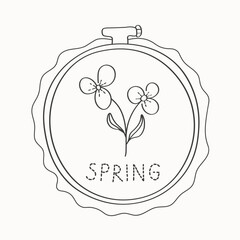 Concept for the coming of Springtime season and hobby. Hand drawn vector illustration with embroidery hoop and embroidery bouquet flower and word Spring on isolated background. Design element for card