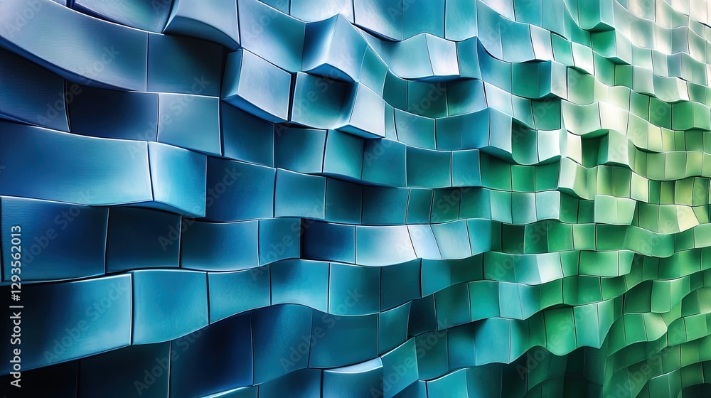 Poster dynamic 3d cubes in a gradient of blue and green tones, arranged in a flowing wave pattern