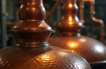 Close-up view of copper distillery still for hard liquor alcohol production. Shiny metal industrial equipment. Manufacturing industry background, whiskey technology concept. Plant interior. Gas,