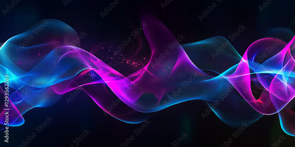 Poster a futuristic abstract background with dynamically flowing neon ribbons, seamlessly weaving through a