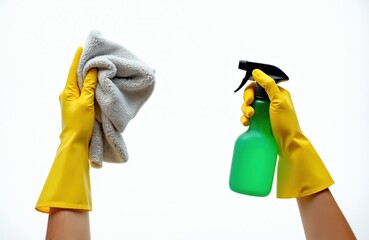 Hands in yellow gloves hold rag, green detergent spray bottle isolated on white background. Cleaning concept, housekeeping, housework, hygiene. Domestic job kit with liquid soap, tool, protection,