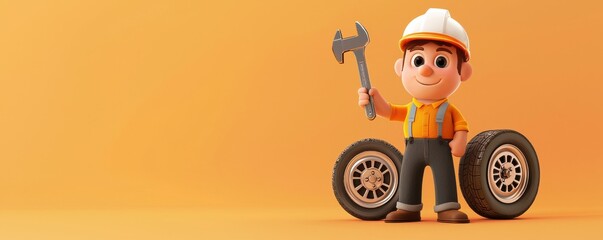 Cheerful cartoon mechanic fixing cars garage workshop illustration bright environment playful viewpoint occupation concept