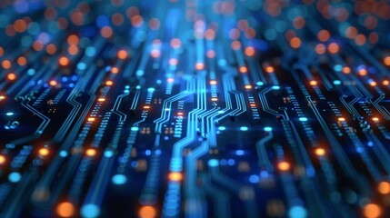 Vibrant circuit board design featuring glowing lights and intric