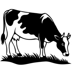 Cow grazing in a pasture silhouette vector illustration