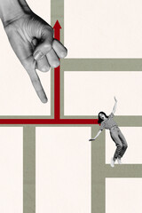Composite artwork photo collage trend template of young lady keep balance pinky finger hand gesture...