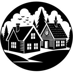 Fototapeta premium Cozy countryside cottages silhouette vector illustration