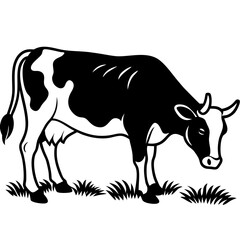 Cow grazing in a pasture silhouette vector illustration