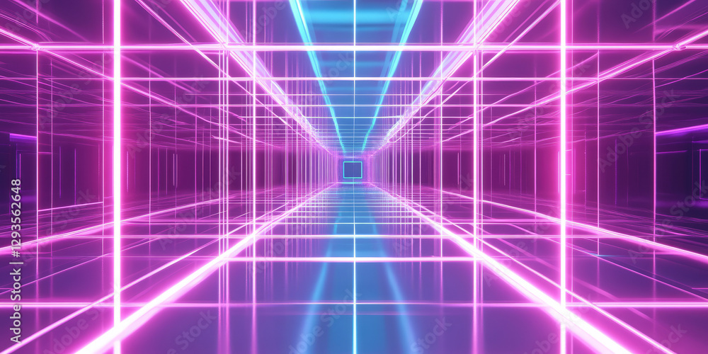 Poster a futuristic abstract background featuring a floating matrix of transparent, glowing cubes arranged 