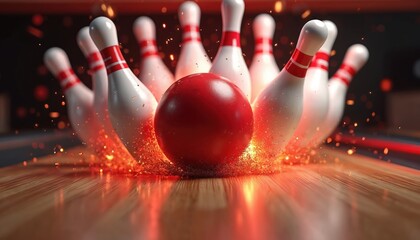 Red bowling ball crashes into pins with fiery explosion in a strike. Fast moving ball hitting skittles on alley floor. Concept for sport success and recreation.