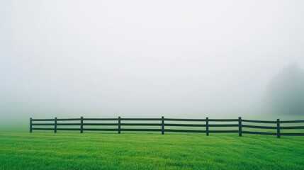 Fototapeta premium Serene farmhouse landscape on a foggy morning with lush green fields