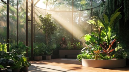 Sunlit Indoor Garden Room with Lush Tropical Plants