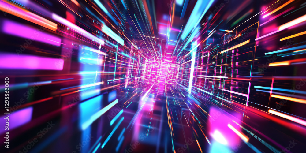 Poster a mesmerizing abstract background with glowing light beams cascading through a digital prism. the re