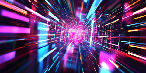Obraz premium A mesmerizing abstract background with glowing light beams cascading through a digital prism. The refracted neon hues create a stunning high-tech visual, blending science-fiction aesthetics with
