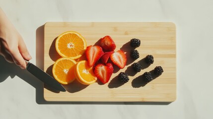 Fresh strawberries, blackberries, and orange slices arranged on a wooden serving tray with a knife, bright natural lighting highlighting the colors,