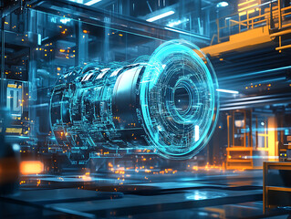 A cybernetic factory featuring a holographic blueprint of an advanced engine