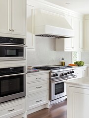 Fototapeta premium A modern kitchen showcases stainless steel appliances and white cabinets