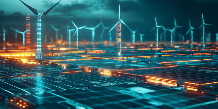 A glowing futuristic AI-powered sustainable energy grid, featuring cybernetic smart solar and wind optimization pathways, pulsating holographic real-time efficiency monitoring grids, and swirling