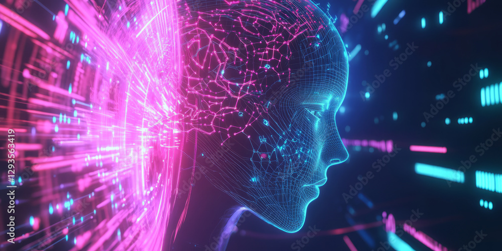 Poster a mesmerizing futuristic ai-powered human-ai collaboration interface, featuring glowing cybernetic n